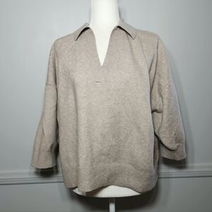 H & M Fine-Knit Loose Collar Sweater Beige melange Short Sleeves Pullover